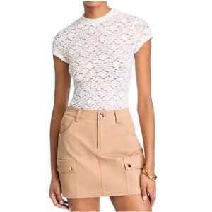 AQUA Women's White Lace Mock Neck Short Sleeve Top Blouse Size‎ L